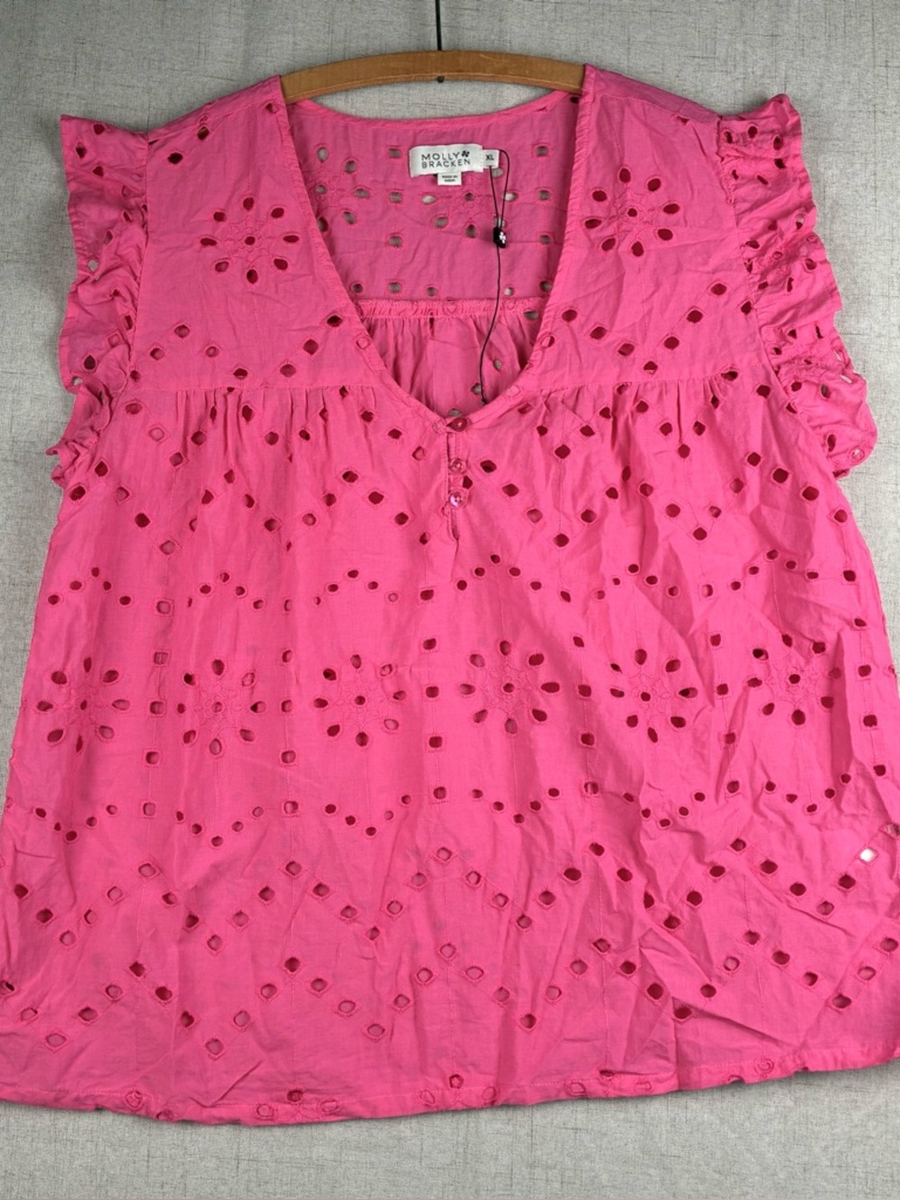 Womens Embroidered Lace Eyelet Top Rose Pink Flutter Sleeve Cottage Peasant XL